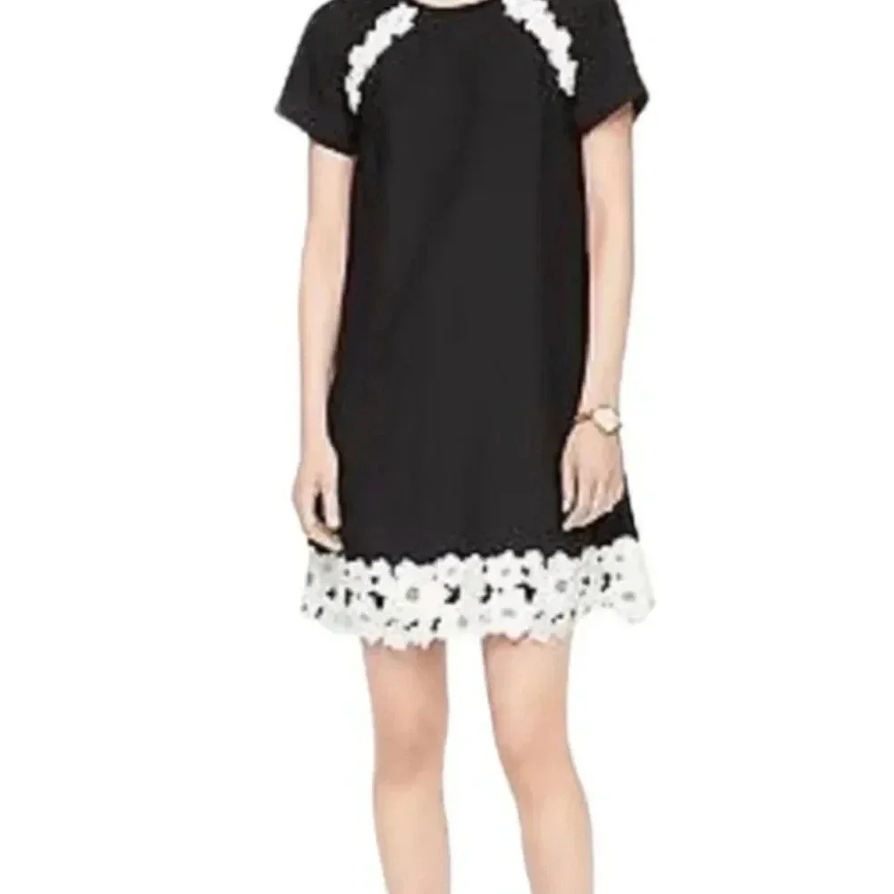 Kate Spade Dress Floral Lace Trim Crepe Short Sleeve Mini Black White Size 4